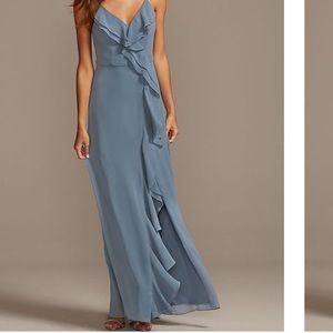 David’s Bridal ruffle spaghetti-strap chiffon dress with slit